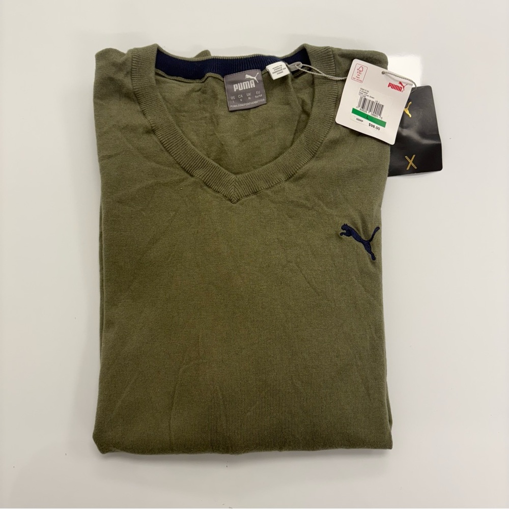 Puma Men’s V-Neck Knit Sweater Deep Lichen Green Stripe Sleeve Size L NWT